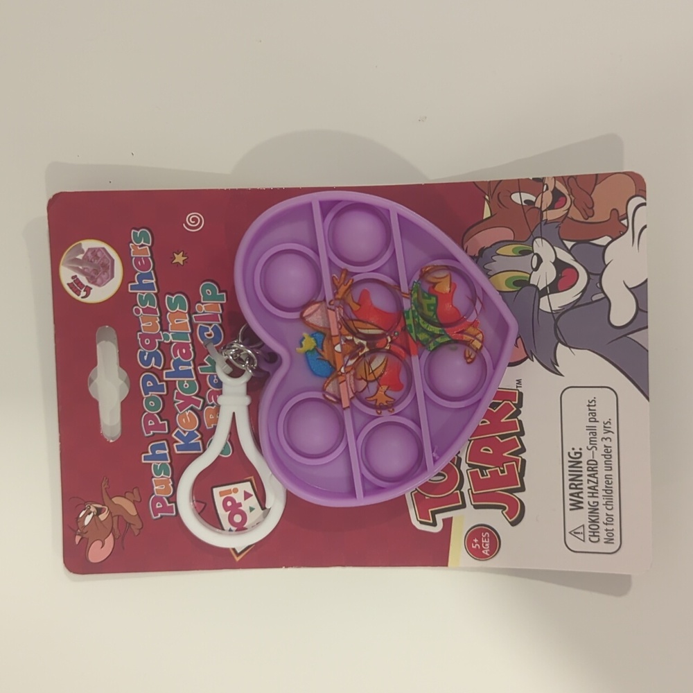 Tom & Jerry Purple Heart Push Pop Keychain & Back Clip for Kids Fidget Toy NWT